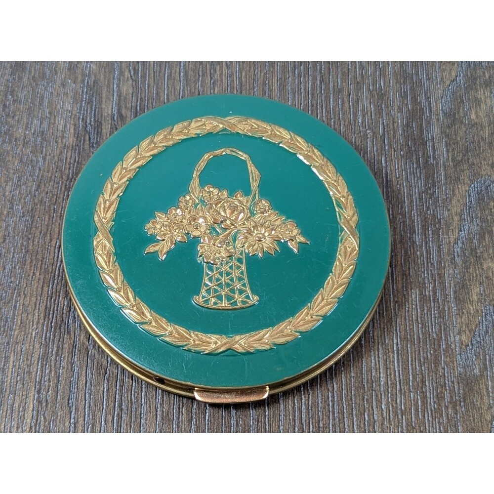 VTG Art Deco Compact Green Enamel Gold Tone Metal Flower Basket Powder Vanity